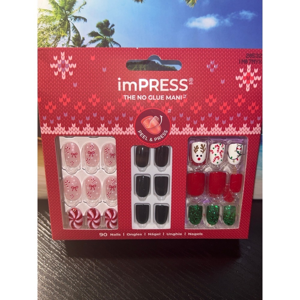 imPRESS No Glue Mani Christmas Holiday Press On Nails Trio Reindeer Candy Cane - Picture 2 of 2
